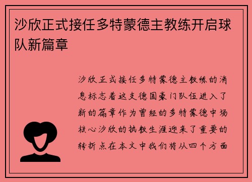 沙欣正式接任多特蒙德主教练开启球队新篇章